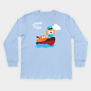 Cute lion the animal sailor on the boat with cartoon style. Kids Long Sleeve T-Shirt